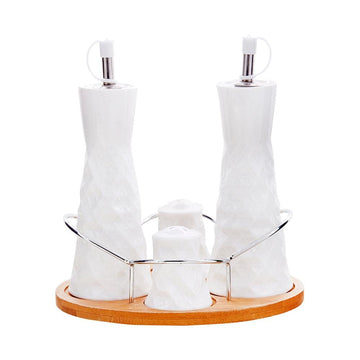 White Ceramic Prisms Oil & Vinegar Dispensers with Salt Pepper Shakers Set